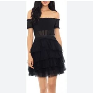 BETSY AND ADAM Off-Shoulder Black Tiered Tulle Cocktail Dress